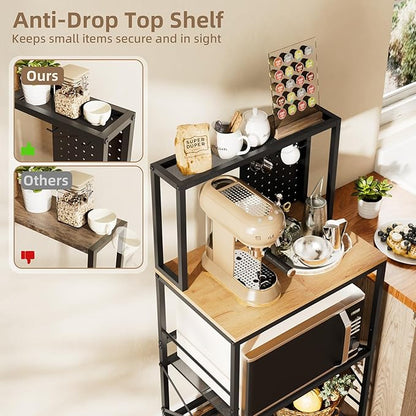 Kitchen Bakers Rack with Pegboard, 4-Tiers Coffee Bar Table, Heavy-Duty Metal Microwave Stand, Adjustable Storage Shelf Rack for Living Room, Garage, Office