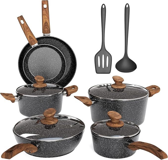 MAISON ARTS Pots and Pans Set Non Stick, 12 Piece Black Granite Kitchen Cookware Induction Compatible, Pot and Pan Sets for Cooking Nonstick