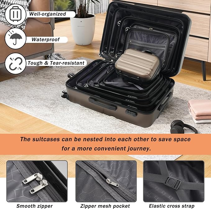 Merax Luggage Set 6 Piece, Hardshell ABS Suitcases with 8 Silent Spinner Wheels, Durable and Lightweight Travel Luggage for Family Trips, Brown