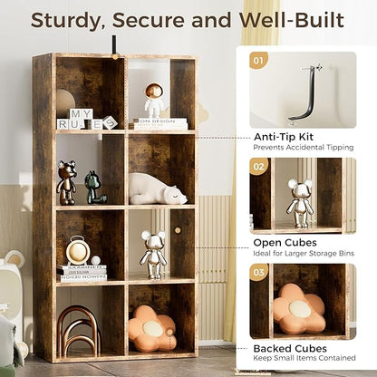 COMHOMA 8 Wood Cube Storage Organizer with Open Back and Removable Back Panels, 11In Brown Cube Storage Bookshelf, Cubicle Shelf Bookcase for Home Office Bedroom Living Room, Vertical or Horizontal