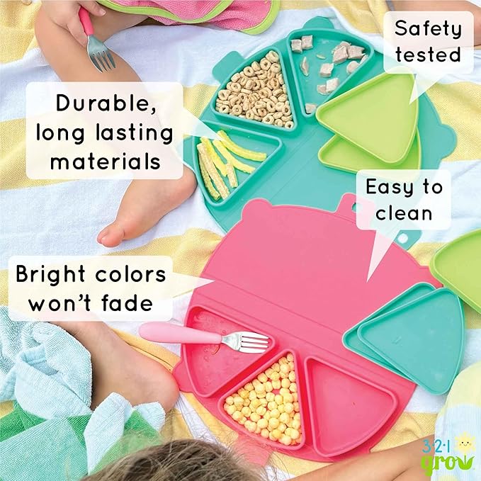 On-The-Go Snack Mat – Baby Silicone Travel Dining Placemat – Portable Silicone Toddler Plate – Reusable Snack Container with 3 Compartments and Lids for 6 Months + (Ocean)