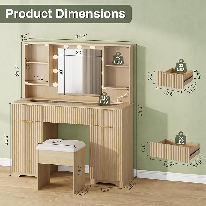 ONME Makeup Vanity Desk with Lights, Natural Wood Fluted Vanity with Tempered Glass Top, Adjustable Shelves, Drawers & Power Outlet, Modern Dressing Table Perfect for Small Bedroom or Apartment