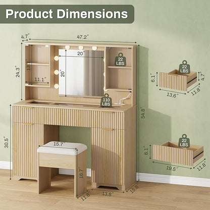 ONME Makeup Vanity Desk with Lights, Natural Wood Fluted Vanity with Tempered Glass Top, Adjustable Shelves, Drawers & Power Outlet, Modern Dressing Table Perfect for Small Bedroom or Apartment