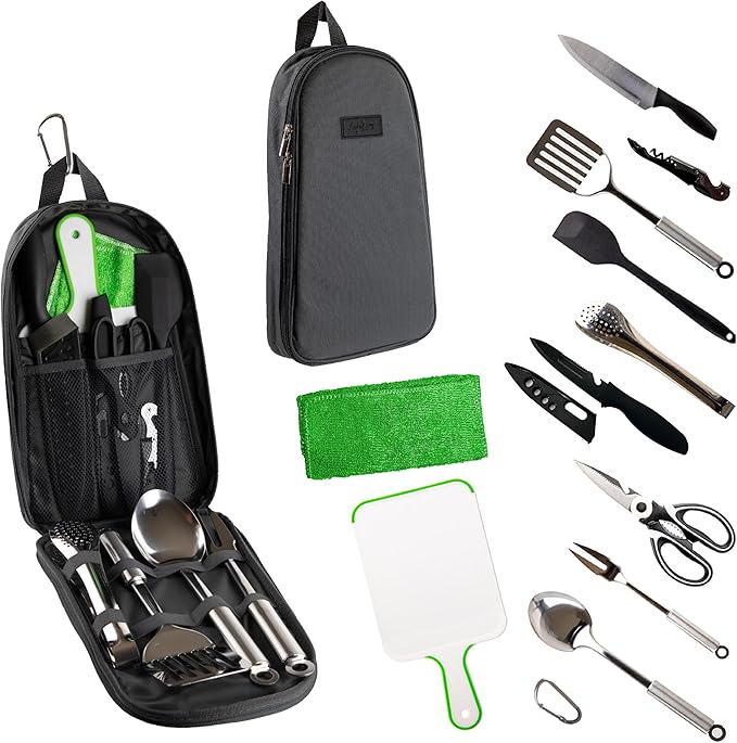 Life2Go 12 Piece Camp Cooking Utensil Set & Outdoor Kitchen Gear Cookware Kit, Portable Compact Carry Case for Camping, Hiking, Travel, BBQ Grilling Stainless Steel Accessories Spoon & Fork, Gray