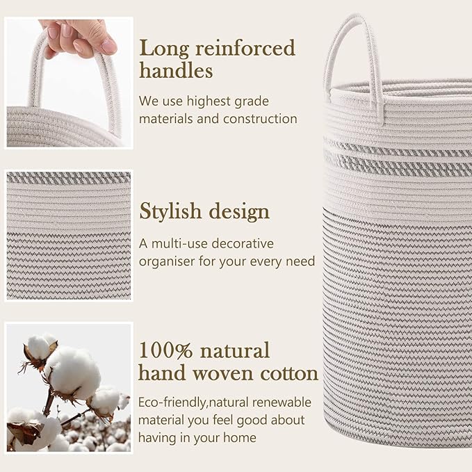 YOUDENOVA Woven Rope Laundry Hamper Basket, 58L Tall Luandry Basket, Baby Nursery Hamper for Blanket Storage, Clothes Hamper for Laundry in Bedroom-Large-Stripe White