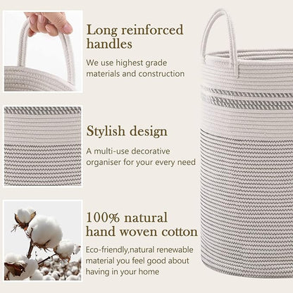 YOUDENOVA Woven Rope Laundry Hamper Basket, 58L Tall Luandry Basket, Baby Nursery Hamper for Blanket Storage, Clothes Hamper for Laundry in Bedroom-Large-Stripe White