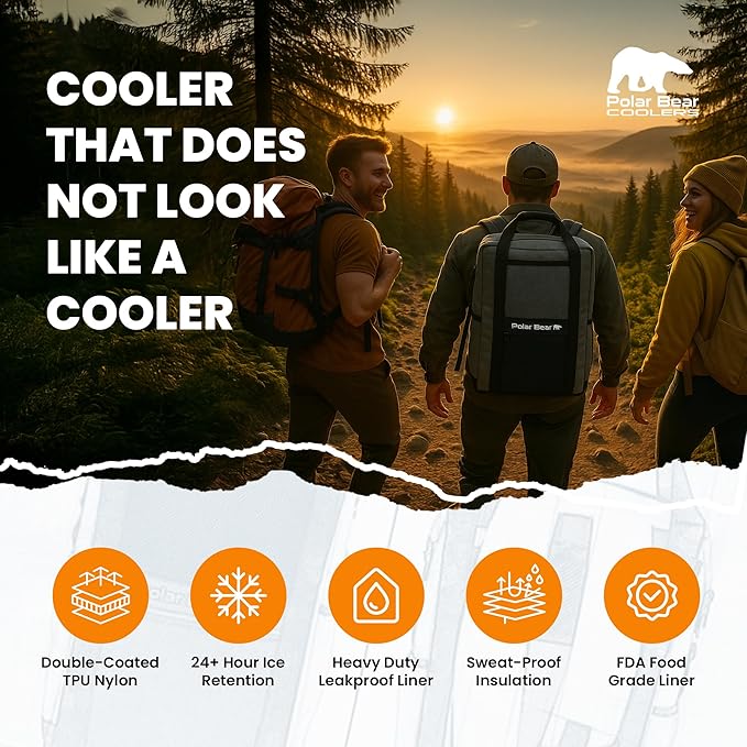 Polar Bear Coolers - Soft-Sided Backpack Cooler - Insulated Backpack for Hiking, Camping, Travel, or Fishing - Heavy-Duty & Portable - Sweat & Leak Proof - Keeps Ice up to 24 hrs