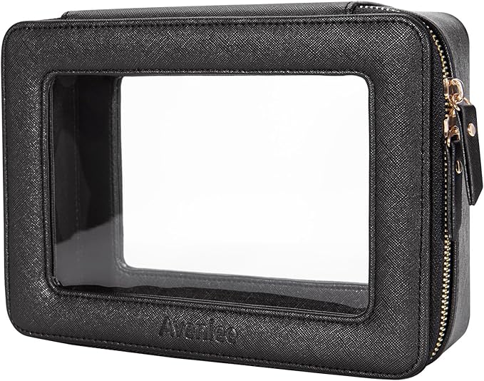 Aveniee Clear Makeup Bag Organizer, Portable Travel Toiletry Cosmetic Bag Case for Women, Heavy Duty Clear Pouch with zipper with Transparent Vinyl Windows & Gold Zippers(Black)