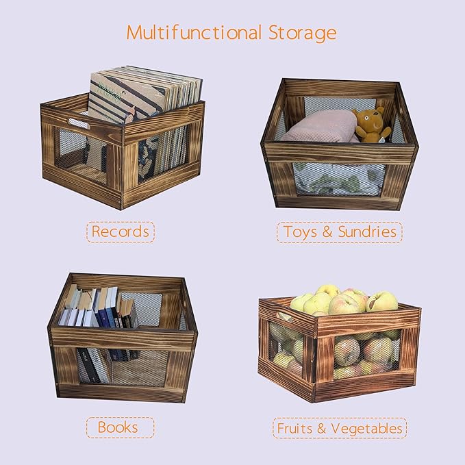 ARTAWEIN Vinyl Record Storage Crate, Wooden Record Holder for Albums - Holds up to 80-100 LPs, Rustic Vintage Style Organizer Box with Handles, Easy Assembly Display for Music Room & Office