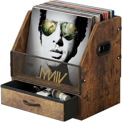 Vinyl Record Storage Crate with Fabric Drawer, Wooden LP Album Storage Holder for 12" Vinyls, All-in-One Organizer Holds 60 LPs