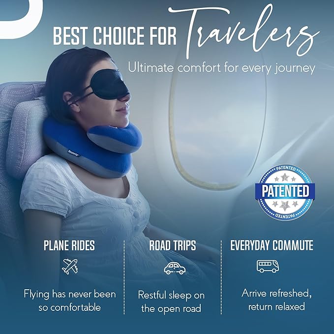BCOZZY Travel Neck Pillow for Airplane– Patented Double Support for Head, Neck, and Chin. Best for Long Flights, Plane Sleeping, and Car Rides. Adjustable Size. Washable. Carry Bag. Large, Purple