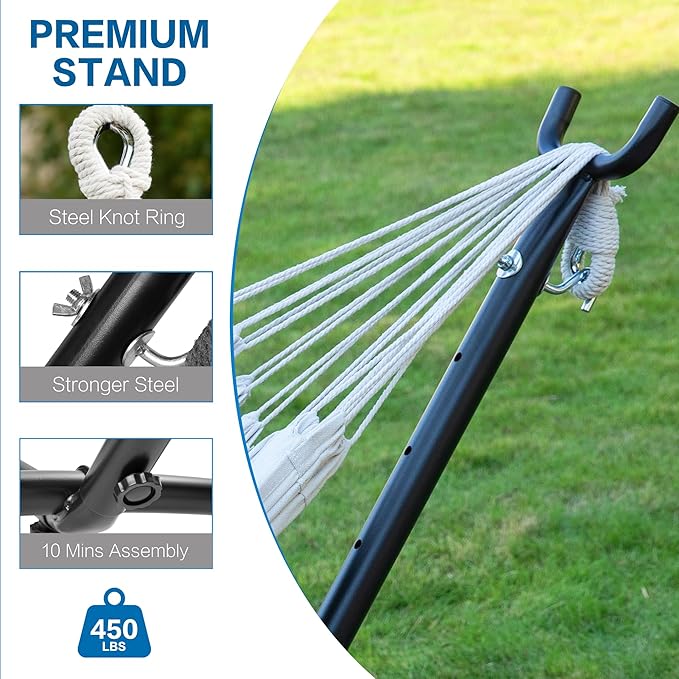 PNAEUT Double Hammocks with Stand for Outside, Portable Space Saving Heavy-Duty Steel Stand for Indoor Outdoor Patio with Carrying Bag, 450 lbs Capacity (Beige)