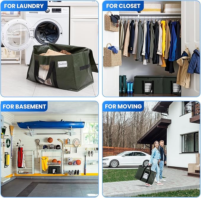 TAILI 2 Pack Green Extra Large Storage Bags, Heavy Duty Totes with Visible Window, Wrap Around Handles, Perfect for Moving
