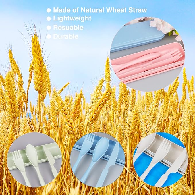 Reusable Travel Utensils Set with Case, Green Wheat Straw Portable Knife Fork Spoons Tableware, Eco-Friendly BPA Free Cutlery for Kids and Adults as Travel Picnic Camping Utensils