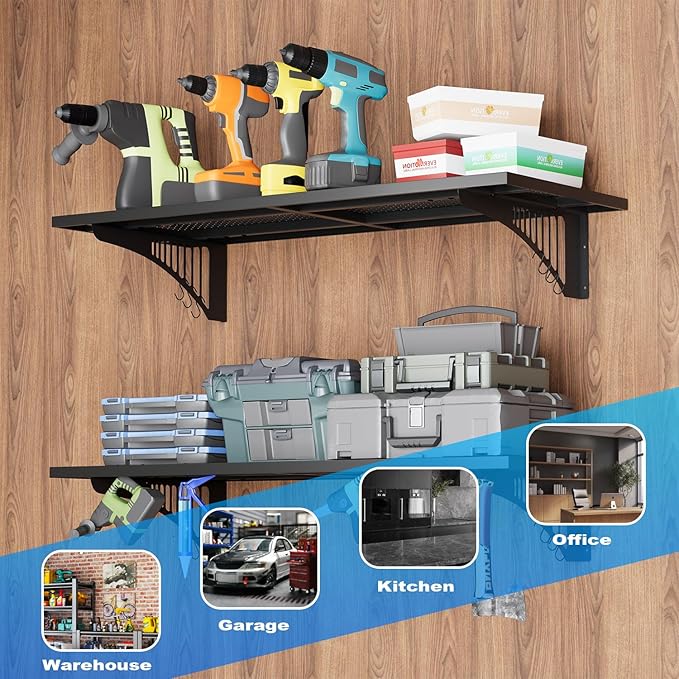 EROMMY 2-Pack 1.64x4ft Garage Shelving with 500lbs Capacity, Shelving Wall Mounted Metal Floating Storage System-Garage Shelves Heavy Duty with 6 Hooks for Basement Organization