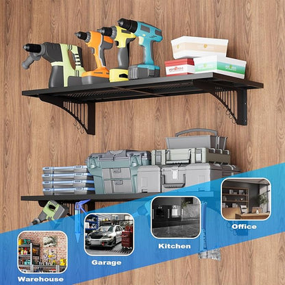 EROMMY 2-Pack 1.64x4ft Garage Shelving with 500lbs Capacity, Shelving Wall Mounted Metal Floating Storage System-Garage Shelves Heavy Duty with 6 Hooks for Basement Organization