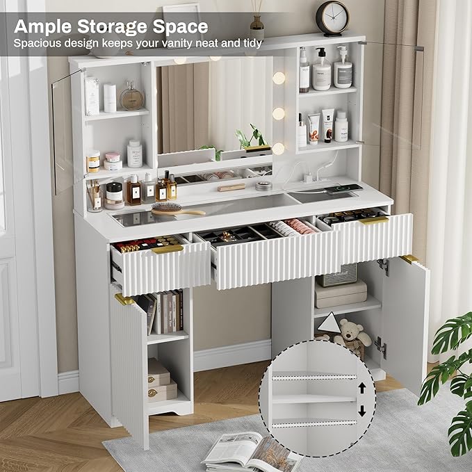 ONME Fluted Makeup Vanity Desk with Mirror and Lights, for Women and Girls, Vanity Table with Drawers, Glass Top, Power Outlet & Adjustable Shelves, Modern Dressing Table for Bedroom