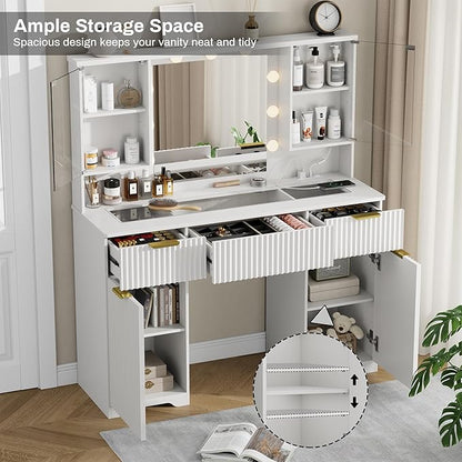 ONME Fluted Makeup Vanity Desk with Mirror and Lights, for Women and Girls, Vanity Table with Drawers, Glass Top, Power Outlet & Adjustable Shelves, Modern Dressing Table for Bedroom