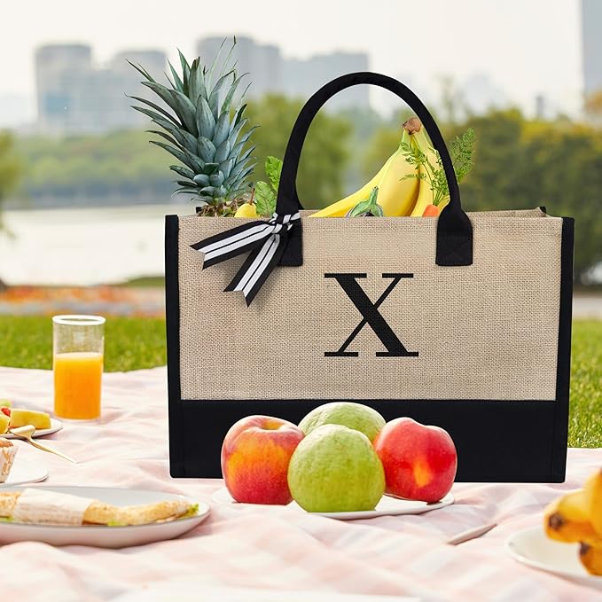 TOPDesign Initial Jute/Canvas Tote Bag, Personalized Present Bag, Suitable for Wedding, Birthday, Beach, Holiday, is a Great Gift for Women, Mom, Teachers, Friends, Bridesmaids (Letter X)