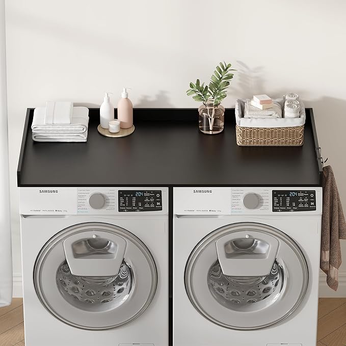 Washer Dryer Countertop, Wood Countertop with Edge Rails for Laundry Room Organization and Storage, Washer Dryer Topper for Laundry Room, 27.5" x 54" (Black)
