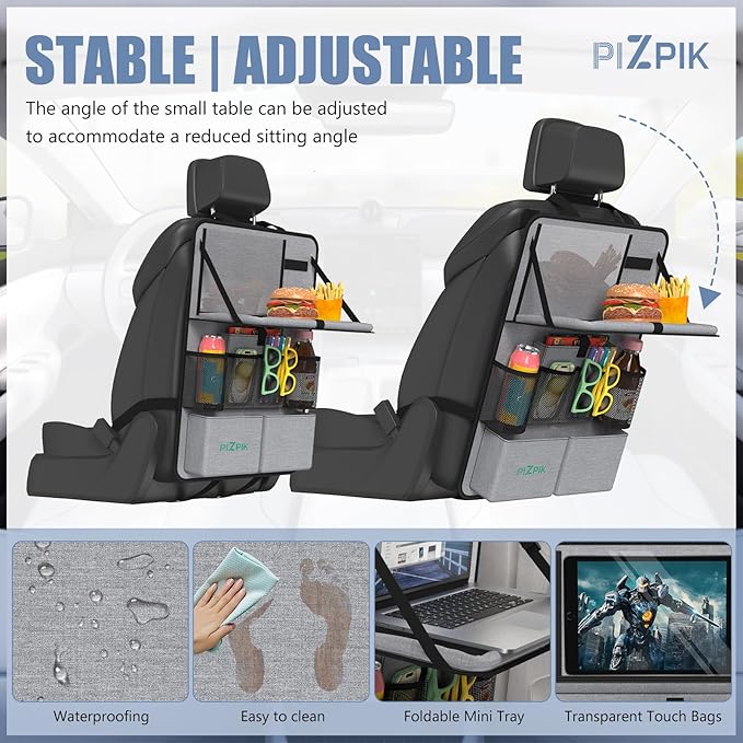 Car Backseat Organizer with Tablet Holder,11 Storage Pockets with Foldable Food Tray, Protector Kick Mats for Kids, Travel Accessories Organizer (Gray, 2Pack)