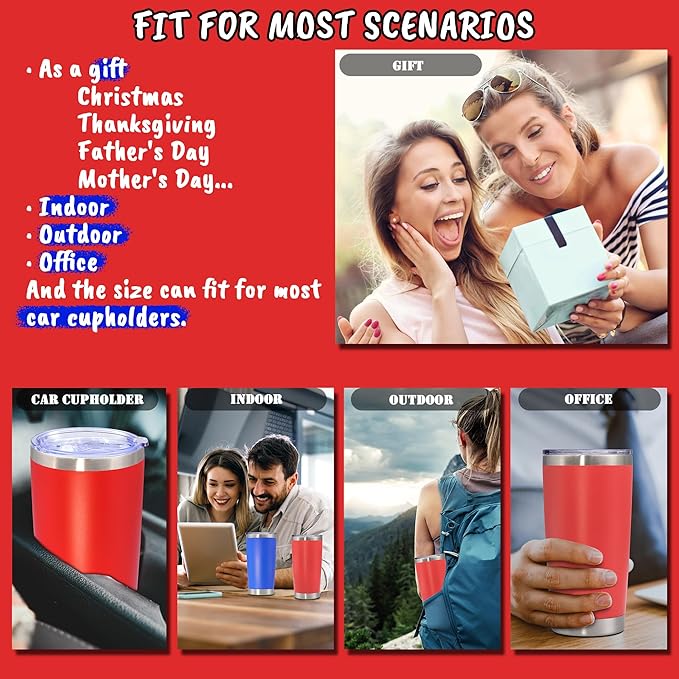 20 oz Tumbler with lid Double Wall Vacuum Insulated Tumblers Stainless Steel Coffee Mug Travel Coffee Tumbler Powder Coated Tumbler Cup Keep Hot&Cold - (Red 12 Pack)