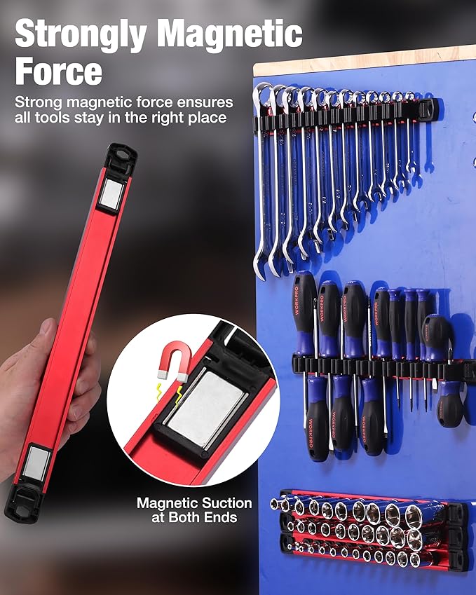 WORKPRO 6-Piece Magnetic Socket Organizer and Magnetic Screwdriver Organizer Set, 3-Piece 1/4", 3/8" & 1/2" Drive Metric & SAE Socket Rail, 3-Piece Screwdriver and Wrench Holder(Sockets not Included)