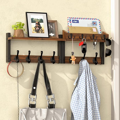 29'' Rustic Coat Rack Wall Mount with Shelf and Key Hooks, Solid Wood Key Holder Wall Mount, Farmhouse Wall Organizer for Mail, Entryway Wall Hangers for Hats, Clothes, Backpacks, Dog Leashes, Mudroom