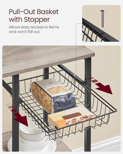 VASAGLE Baker's Rack, Microwave Stand, Kitchen Storage Rack with Wire Basket, 6 Hooks, and Shelves, for Spices, Pots, and Pans, Heather Greige and Ink Black UKKS035B02