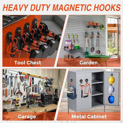 8 Pack Heavy Duty Storage Magnetic Utility Hooks Large Garage Strong Extra Magnet Hooks Hanger with Anti-Slip Coating Heavy Duty Magnetic Hooks for Hanging Power Dril Garage Garden Tools Orange