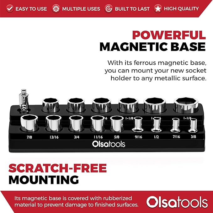 Olsa Tools Magnetic Socket Organizer | 1/2-Inch Drive | SAE | Black | Holds 16 Sockets | Professional Quality Tools Organizer