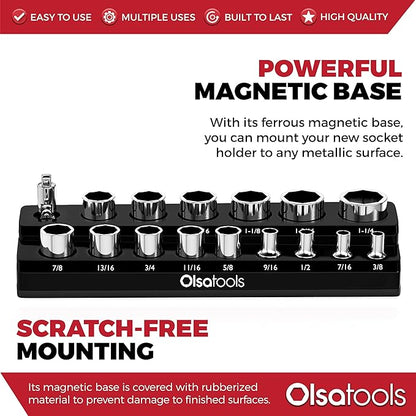 Olsa Tools Magnetic Socket Organizer | 1/2-Inch Drive | SAE | Black | Holds 16 Sockets | Professional Quality Tools Organizer