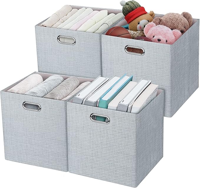 Posprica 3X Thicker Fabric Storage Cubes 13 inch Collapsible Storage Bins for Organization, Cubby Storage Baskets for Organizing Shelf Cabinet Bookcase Boxes, Set of 4, Sliver Grey