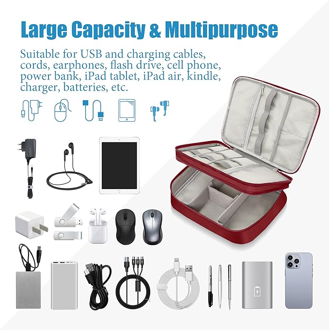 SELLYFELLY Electronics Travel Organizer, Double Layer Cable Organizer Bag Watreproof Electronics Accessories Storage Bag for Cord, Charger, Phone, Power Bank, Hard Drive