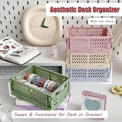 Small Pastel Plastic Storage Bins 2Pcs Foldable Pastel Crates Plastic Basket Colorful Storage Containers Baskets for Classroom Kitchen Office Bedroom Desktop Home Decor (Blue 5.8" x 3.8" x 2.2")