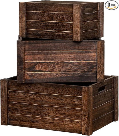 Large Vintage Brown Wooden Crates For Storage,Nesting Handmade Solid Wood Vintage Black Wood Storage Boxes.Storage Crates For Organizing.