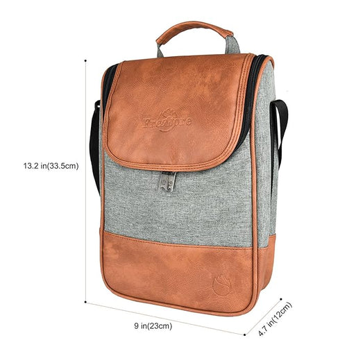 2 Bottle Wine Set Leather Insulated Bag As Gift - Luxury 2 Bottle Carrier Design For Picnic/Travel - Idea Gift For Women/Man (Reserve Place For Corkscrew Opener ＆ Cheese, Gray Brown)