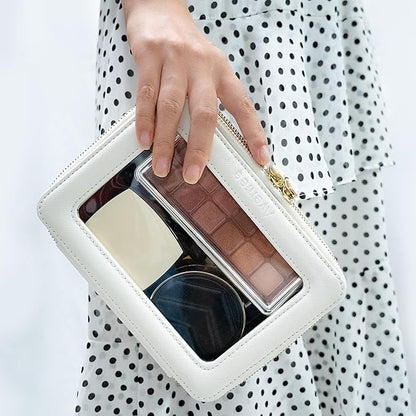 Aveniee Clear Makeup Bag Organizer, Travel Toiletry Bag Cosmetic Case for Women, Portable Make Up Skincare Pouch Car Organizer Bag with Zippers for Essentials,White