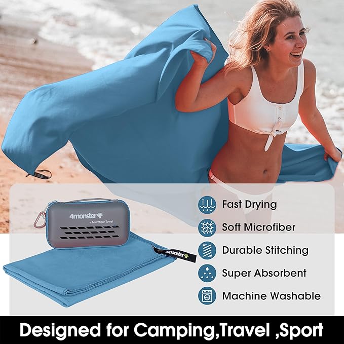 4Monster Camping Towel Super Absorbent, Quick Dry Microfiber Travel Towel, Fast Drying Ultra Soft Compact Gym Towel for Hiking Swimming Beach Yoga Travel Sports Backpack (Marine Blue, 20.00" x 12.00")