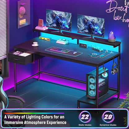 39.3" Gaming Desk with Power Outlet and LED Lights,Computer Desk with Adjutable Monitor Stand and Drawer,Office Desk with CPU Stand for Home Work,Study and Gaming, Small Spaces,Black