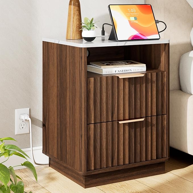 Fluted Night Stand with Charging Station, 18" Modern Nightstand with Faux Marble Top, 2 Drawers End Table with Storage, Bedside Table for Bedroom Living Room, Curved Profile Design(Walnut)