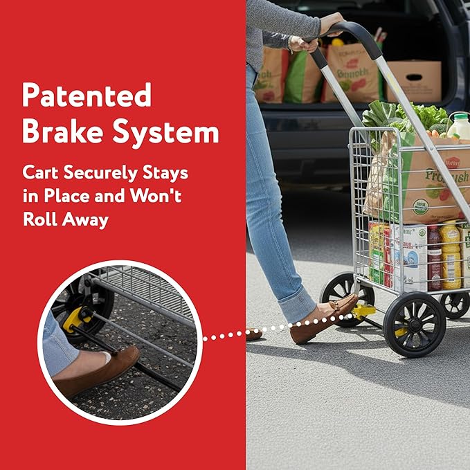 dbest Products Cruiser Cart Deluxe 2 - Foldable Shopping Cart with Wheels for Groceries - Heavy Duty Utility Cart with Brake System - Collapsible Laundry Cart - USA Designed - Holds 100 lbs - Silver