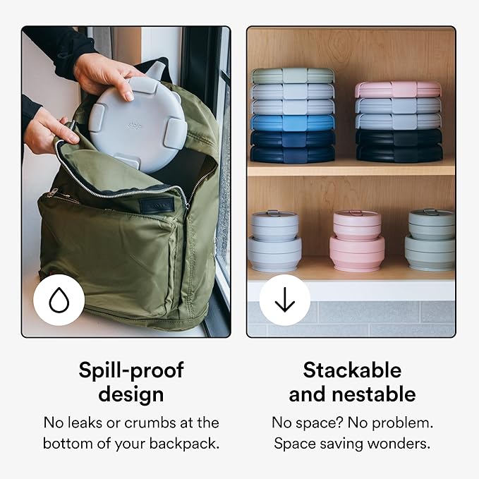 STOJO Collapsible Bowl 5 Set - Sage, 36oz - Reusable Silicone Bowl for Hot and Cold Food - Perfect for Travel, Meal Prep, To-Go Lunch, Camping & Hiking - Microwave & Dishwasher Safe