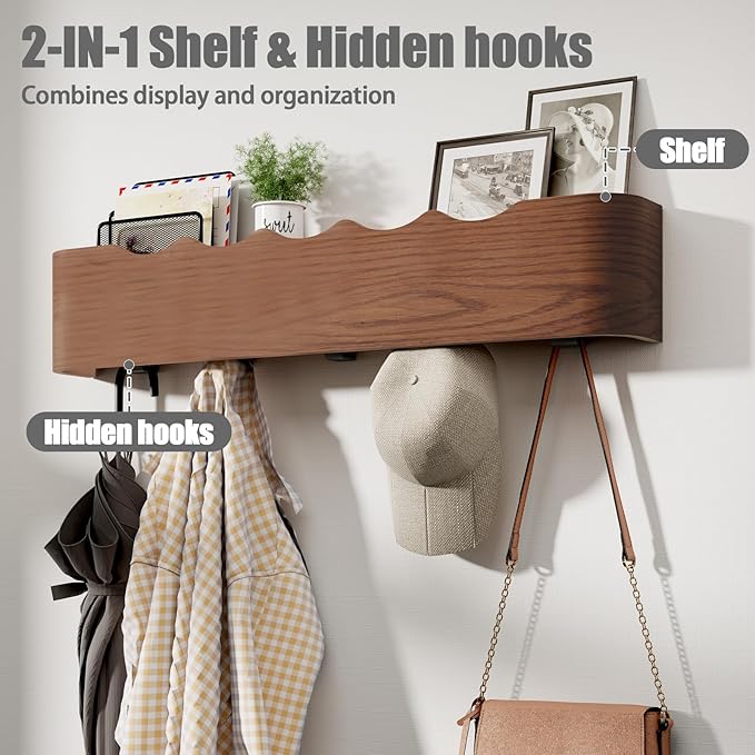 Coat Rack Wall Mount with Shelf 4 Hidden Hooks Modern Wooden Key Holder Entryway Organizer for Hallway Bedroom Bathroom Home Decor Storage for Hanging Coats Hats Bags Towels, Wave-Shape Walnut