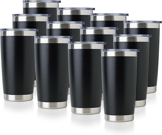 DOMICARE 20oz Stainless Steel Tumbler Bulk with Lid, Double Wall Vacuum Insulated Travel Mug, Powder Coated Coffee Cup, Powder Black, 12 Pack