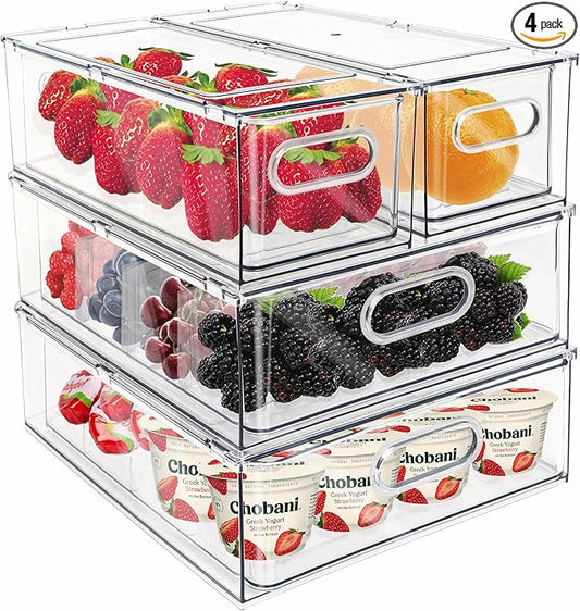 Mano Fridge Drawer Pull Out Stackable Bins with Handle Clear Refrigerator Drawers Organizer Food Storage Container Box with Dividers Plastic Produce Saver for Pantry, Cabinet, Kitchen, Clothes（4Pack）