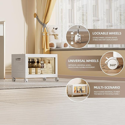 36 QT / 9 Gal Magnetic Double Door Cabinet with Wheels - Foldable Stackable Design, Leather Handles, Water Resistant Organizer for Bathroom, Kitchen