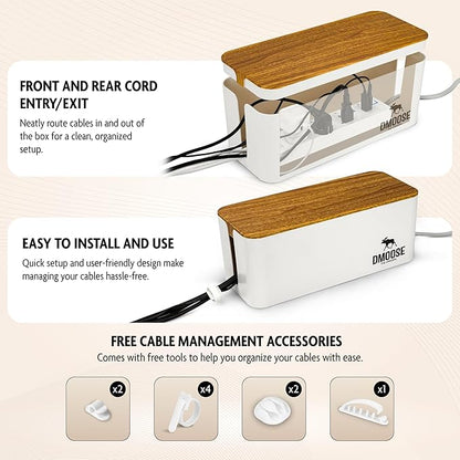 DMoose Cable Management Box - 2 Pack Medium & Large Cord Organizer for Desk & Floor, Cable Organizer Box for Child & Pet - Cable Box Hider for Tidy Office & Home (Wood Print Lid, White Box, Pack of 2)