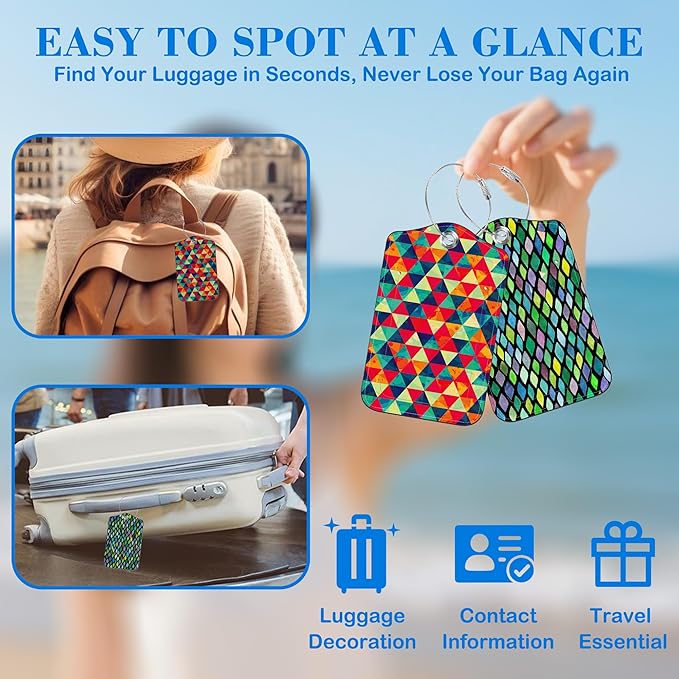 Watercolor Rhombus and Colored Triangle Luggage Tags for Suitcases Leather Travel Tags for Luggage ID Label with Privacy Cover and Stainless Steel Loop for Men Women Suitcase Backpack, Set of 2