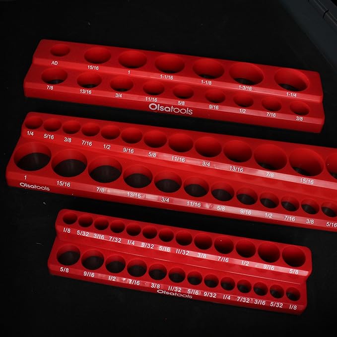 Olsa Tools Magnetic Socket Organizers | 3 Piece Set Socket Holder Kit | 1/2-Inch, 3/8-Inch, & 1/4-Inch Drive | SAE Red | Holds 68 Sockets | Professional Quality Tools Organizer Part 1150